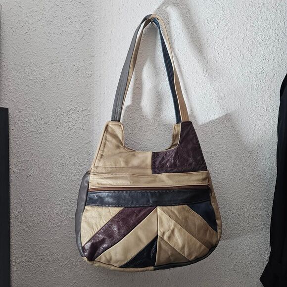 vintage 90s real leather patchwork whimsical shoulder bag - Picture 2 of 5